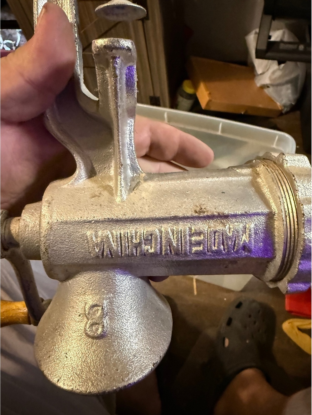 Vintage Metal Manual Meat Grinder with Wooden Handle
